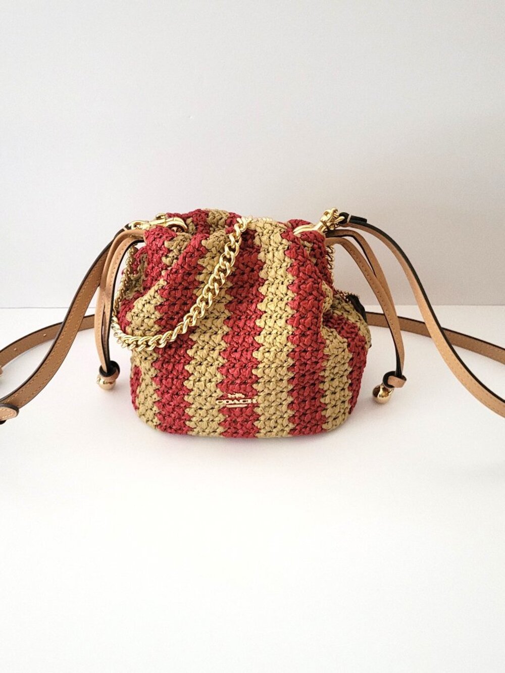 Coach CEN17 Faye Mini Drawstring Straw Crossbody Red Tan Gold Striped Handbag